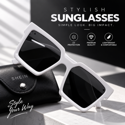 Stylish White Frame Black Lens Sunglasses for Men – Trendy Tik-Tok Style UV Protection Eyewear with Polycarbonate Mirror Gradient Lenses, Durable Lightweight Chatch Frame for Riding, Motorbike & Outdoor Sports